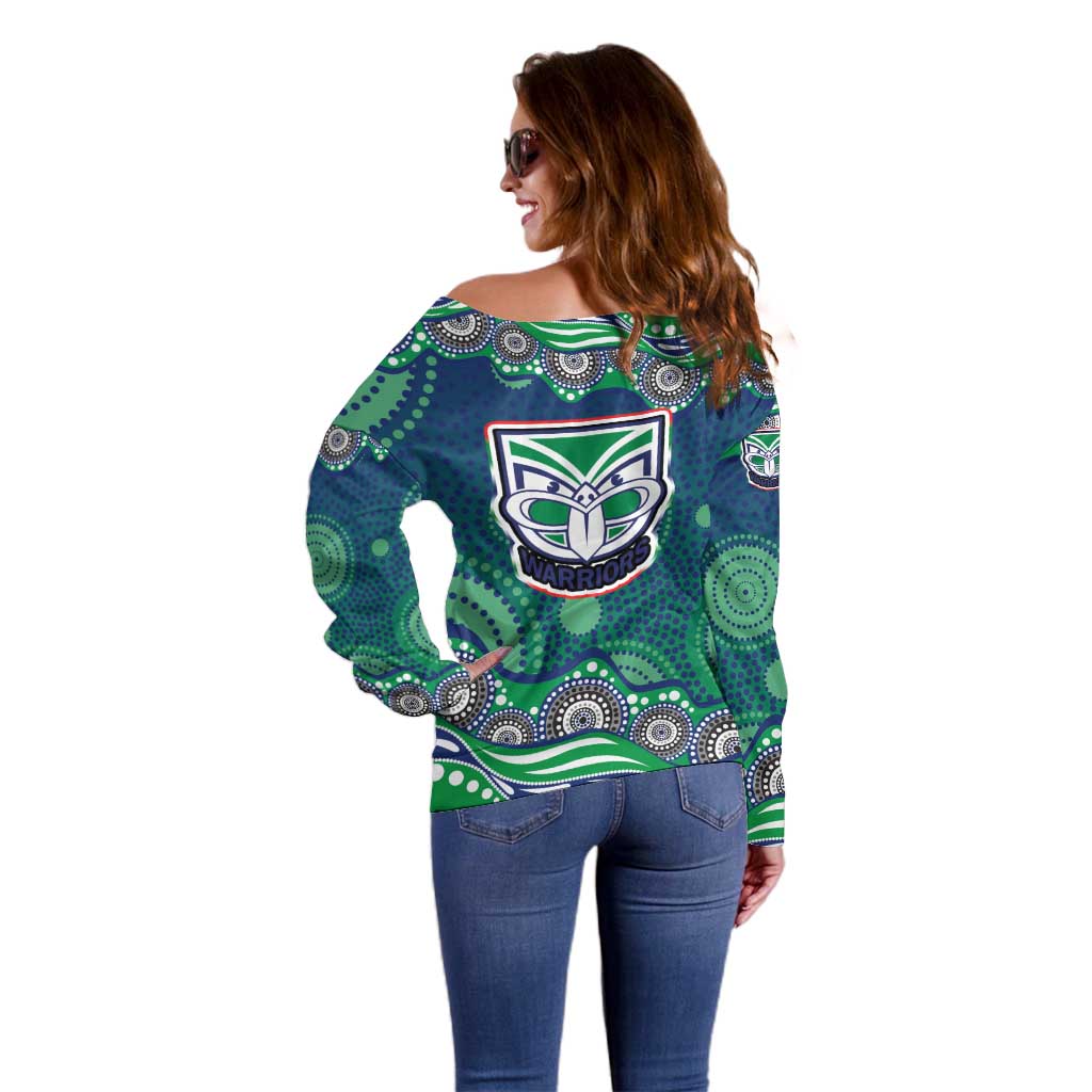 New Zealand Warriors Off Shoulder Sweater Aboriginal Dot Pattern - Rugby Mascot Heritage Pride