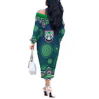 New Zealand Warriors Off The Shoulder Long Sleeve Dress Aboriginal Dot Pattern - Rugby Mascot Heritage Pride
