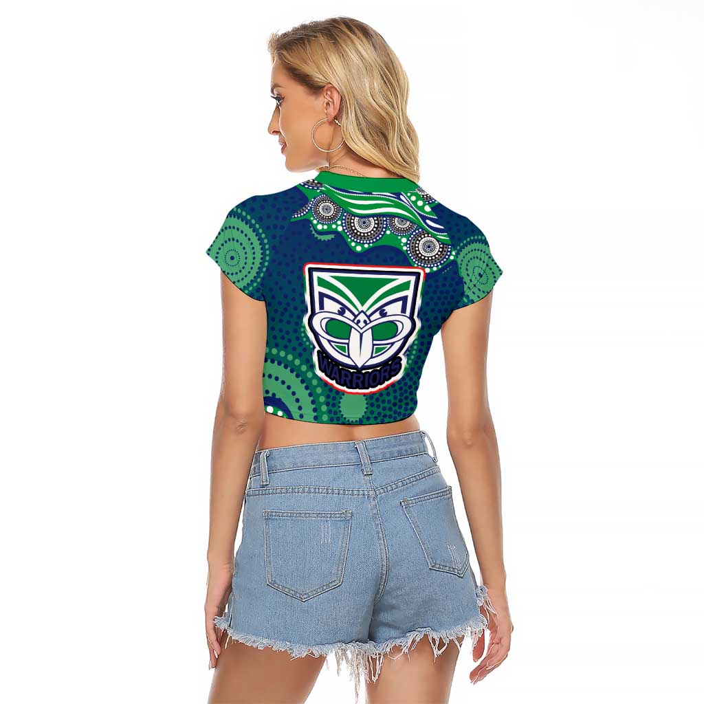 New Zealand Warriors Raglan Cropped T Shirt Aboriginal Dot Pattern - Rugby Mascot Heritage Pride