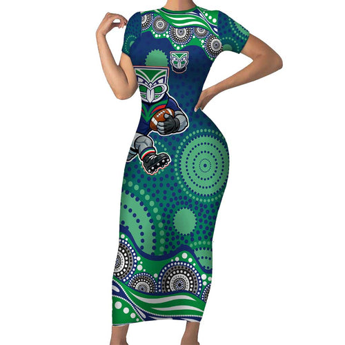 New Zealand Warriors Short Sleeve Bodycon Dress Aboriginal Dot Pattern - Rugby Mascot Heritage Pride