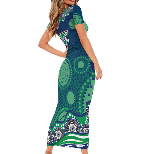 New Zealand Warriors Short Sleeve Bodycon Dress Aboriginal Dot Pattern - Rugby Mascot Heritage Pride