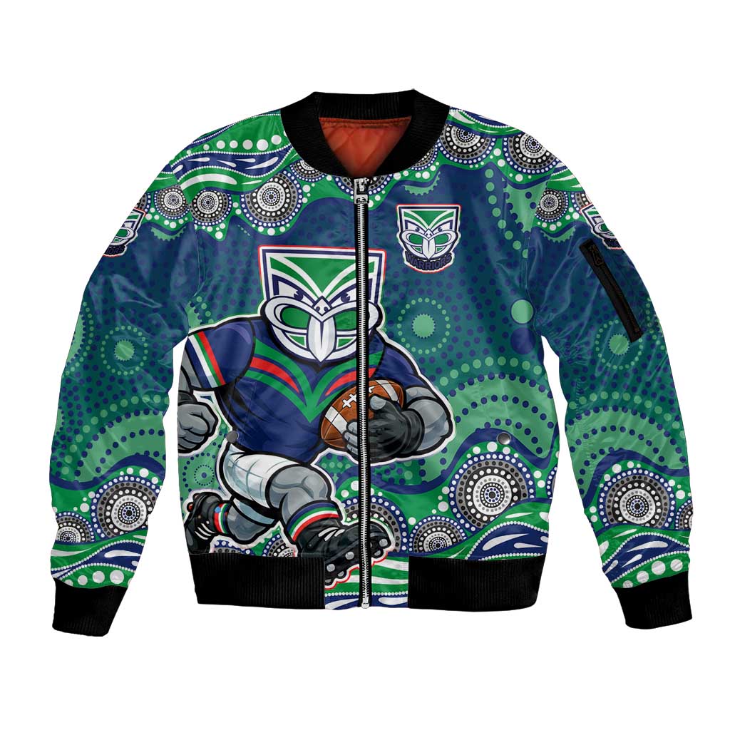 New Zealand Warriors Sleeve Zip Bomber Jacket Aboriginal Dot Pattern - Rugby Mascot Heritage Pride