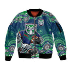 New Zealand Warriors Sleeve Zip Bomber Jacket Aboriginal Dot Pattern - Rugby Mascot Heritage Pride