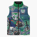 New Zealand Warriors Sleeveless Puffer Jacket Aboriginal Dot Pattern - Rugby Mascot Heritage Pride