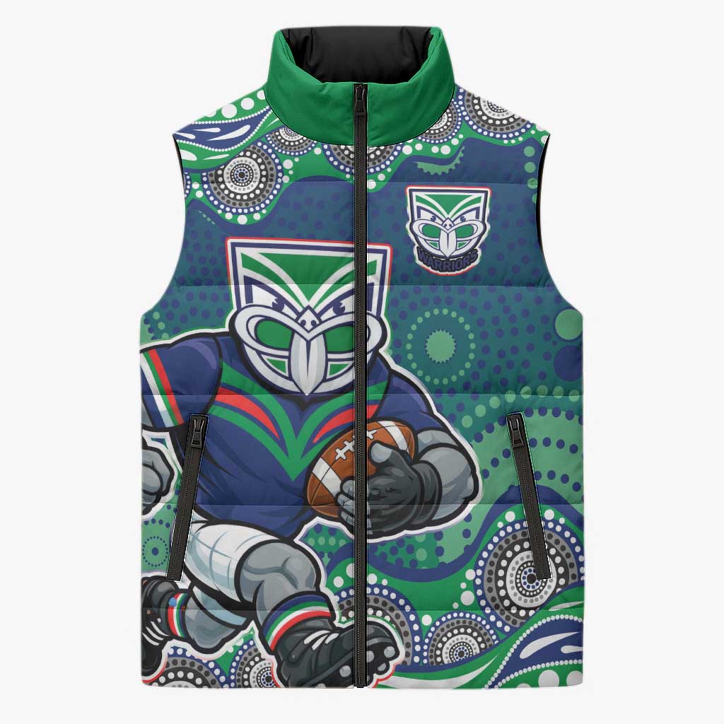 New Zealand Warriors Sleeveless Puffer Jacket Aboriginal Dot Pattern - Rugby Mascot Heritage Pride