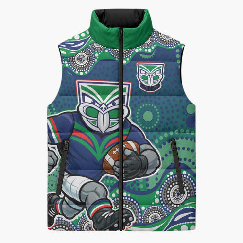New Zealand Warriors Sleeveless Puffer Jacket Aboriginal Dot Pattern - Rugby Mascot Heritage Pride