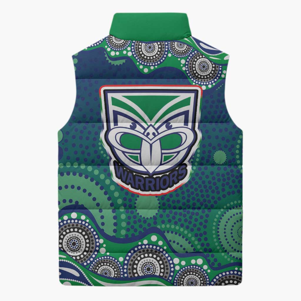 New Zealand Warriors Sleeveless Puffer Jacket Aboriginal Dot Pattern - Rugby Mascot Heritage Pride