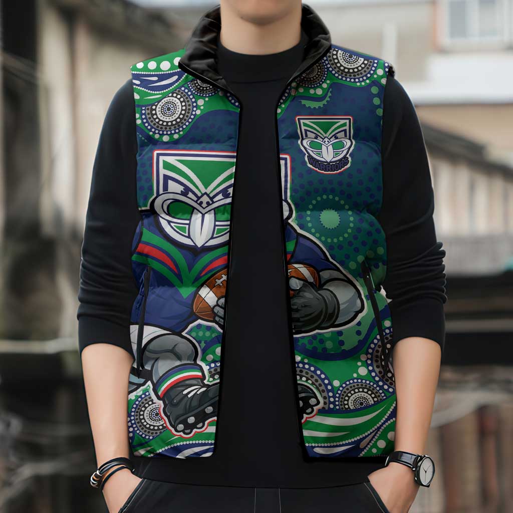 New Zealand Warriors Sleeveless Puffer Jacket Aboriginal Dot Pattern - Rugby Mascot Heritage Pride