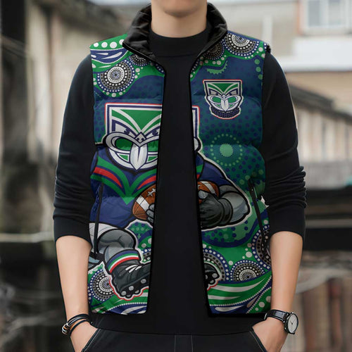 New Zealand Warriors Sleeveless Puffer Jacket Aboriginal Dot Pattern - Rugby Mascot Heritage Pride