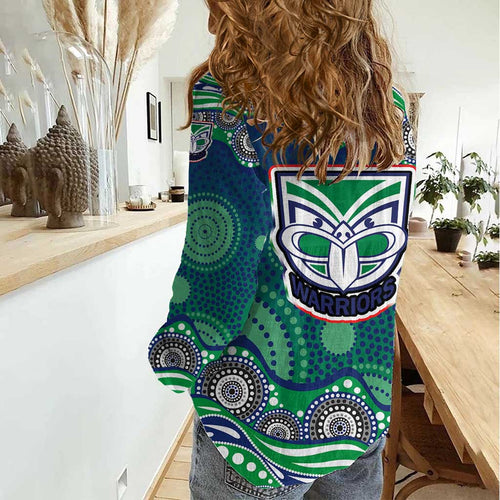 New Zealand Warriors Women Casual Shirt Aboriginal Dot Pattern - Rugby Mascot Heritage Pride