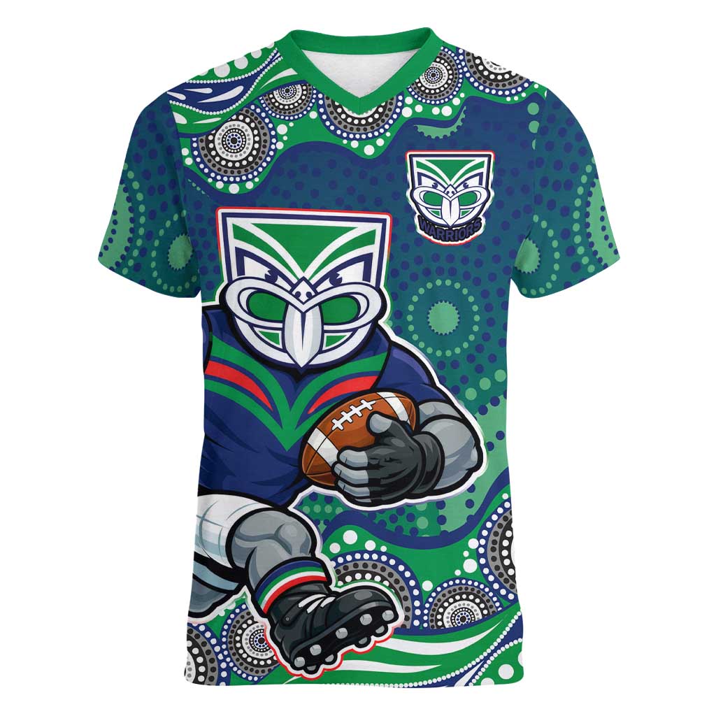 New Zealand Warriors Women V-Neck T-Shirt Aboriginal Dot Pattern - Rugby Mascot Heritage Pride