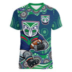 New Zealand Warriors Women V-Neck T-Shirt Aboriginal Dot Pattern - Rugby Mascot Heritage Pride