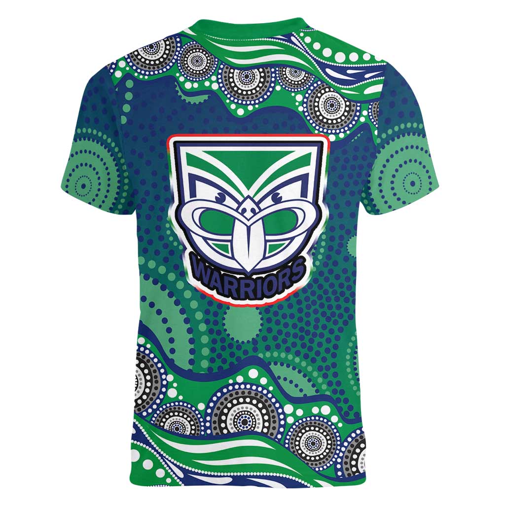 New Zealand Warriors Women V-Neck T-Shirt Aboriginal Dot Pattern - Rugby Mascot Heritage Pride