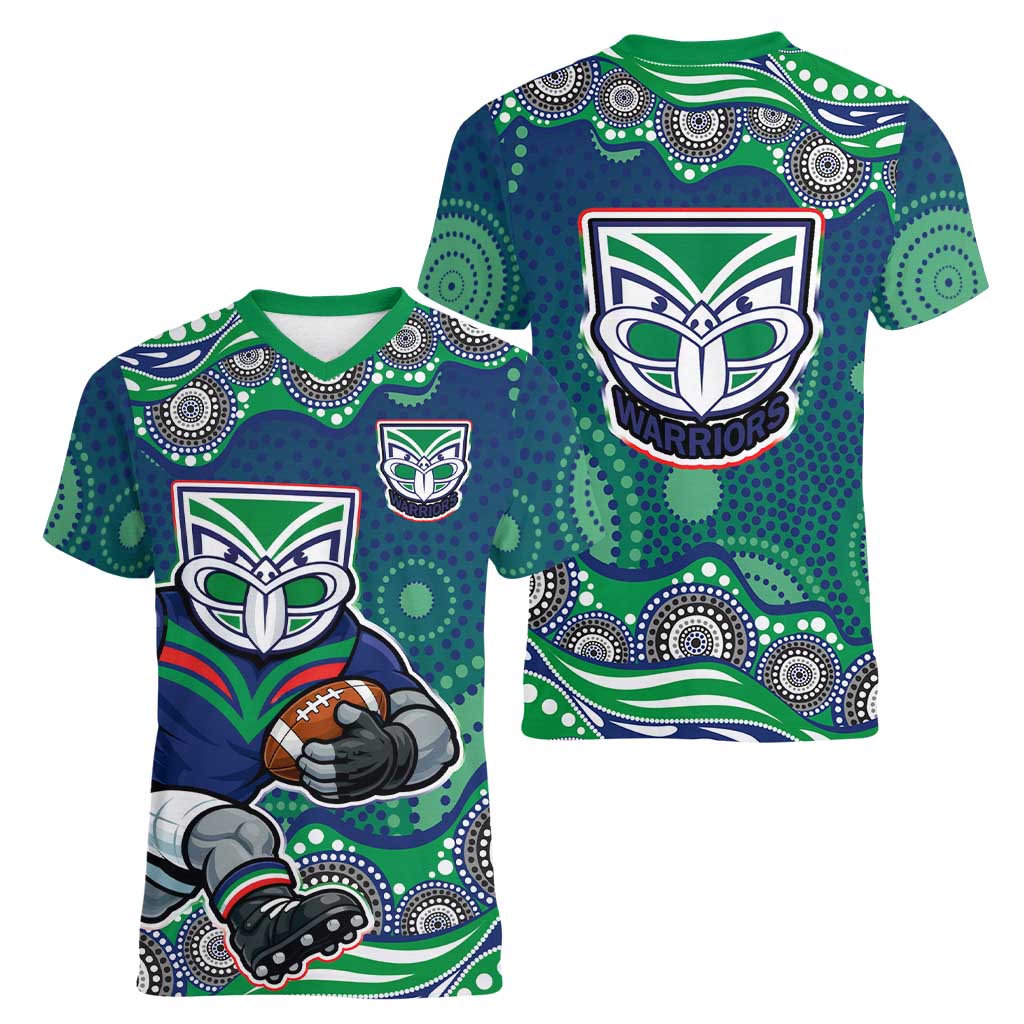 New Zealand Warriors Women V-Neck T-Shirt Aboriginal Dot Pattern - Rugby Mascot Heritage Pride
