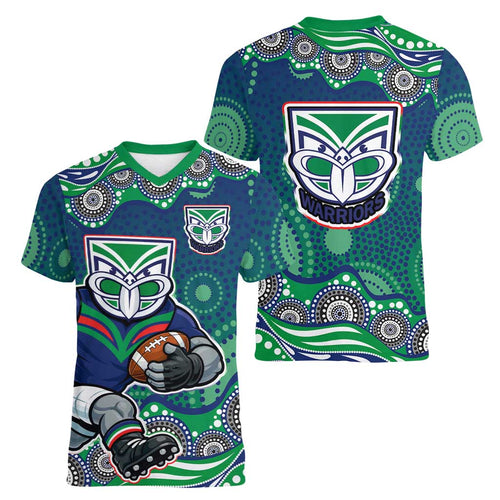 New Zealand Warriors Women V-Neck T-Shirt Aboriginal Dot Pattern - Rugby Mascot Heritage Pride