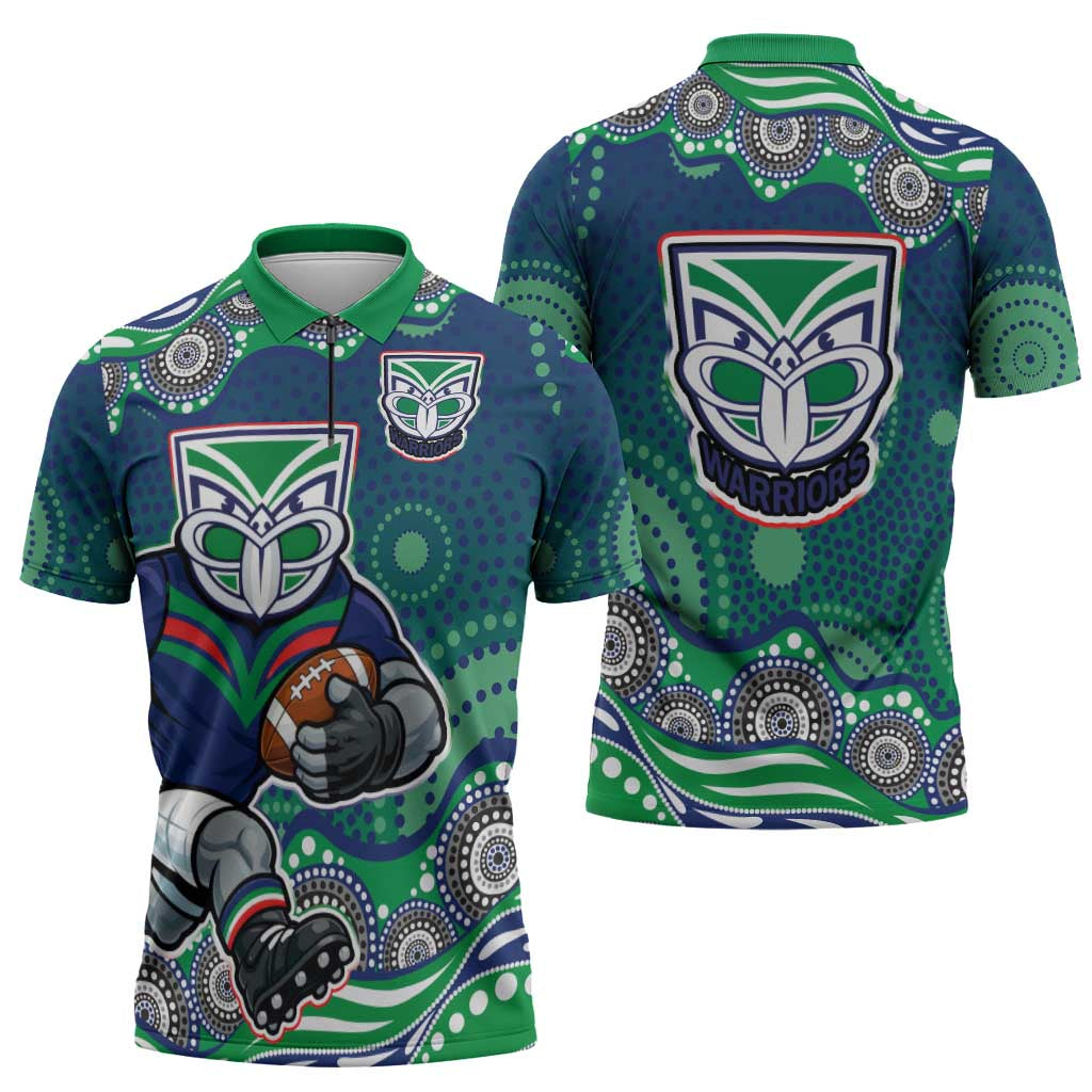 New Zealand Warriors Zipper Polo Shirt Aboriginal Dot Pattern - Rugby Mascot Heritage Pride