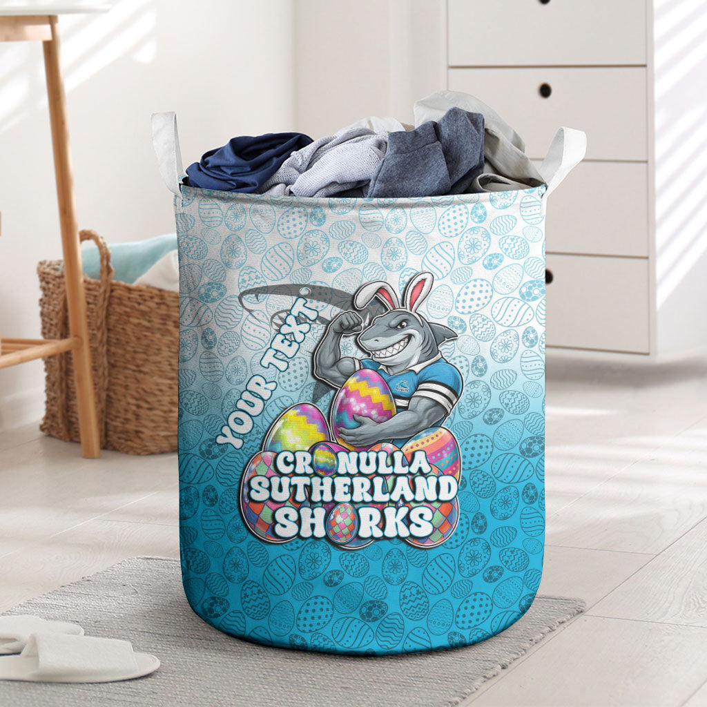 Personalized Cronulla Sutherland Sharks Laundry Basket Easter Mascot - Colorful Eggs Cartoon Style
