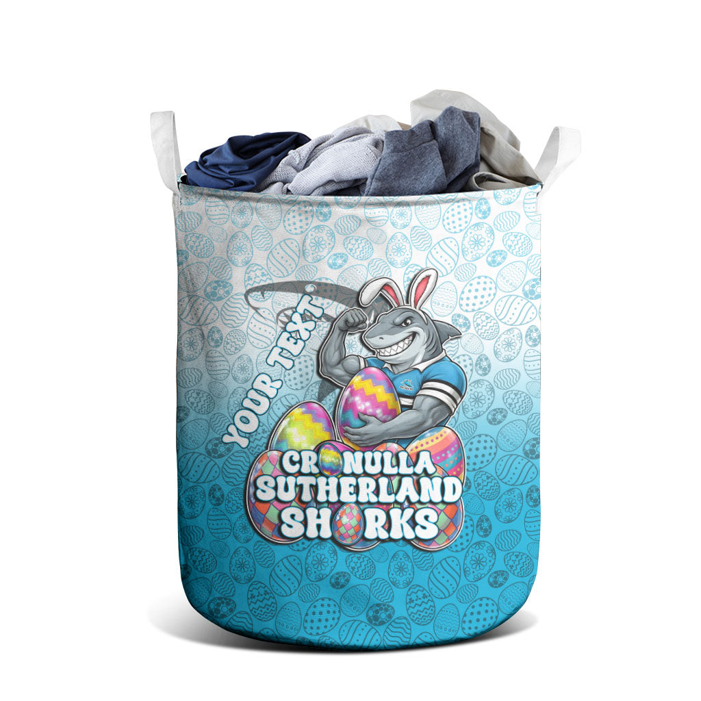 Personalized Cronulla Sutherland Sharks Laundry Basket Easter Mascot - Colorful Eggs Cartoon Style