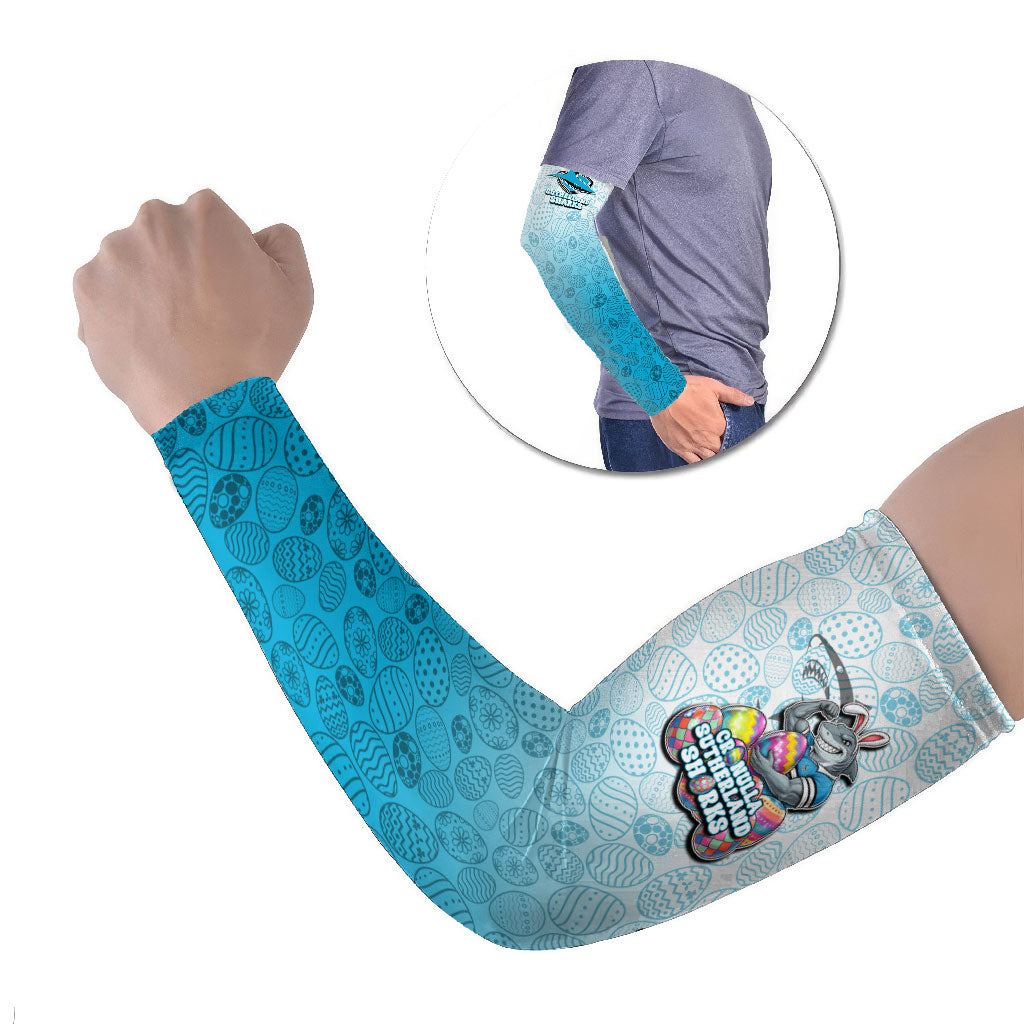 Personalized Cronulla Sutherland Sharks Arm Sleeves Easter Mascot - Colorful Eggs Cartoon Style