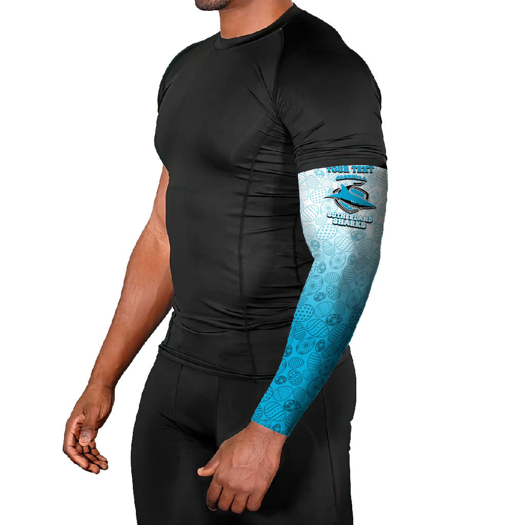 Personalized Cronulla Sutherland Sharks Arm Sleeves Easter Mascot - Colorful Eggs Cartoon Style