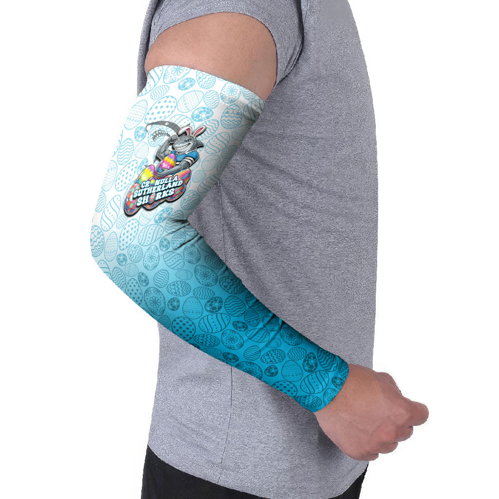 Personalized Cronulla Sutherland Sharks Arm Sleeves Easter Mascot - Colorful Eggs Cartoon Style