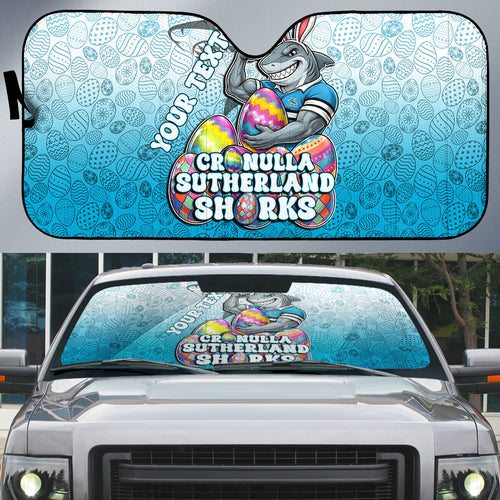 Personalized Cronulla Sutherland Sharks Auto Sun Shade Easter Mascot - Colorful Eggs Cartoon Style