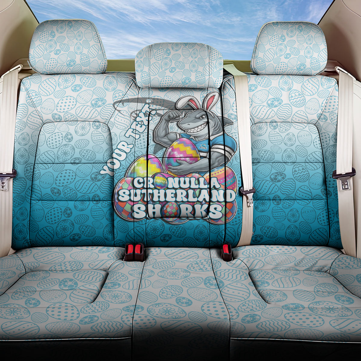 Personalized Cronulla Sutherland Sharks Back Car Seat Cover Easter Mascot - Colorful Eggs Cartoon Style