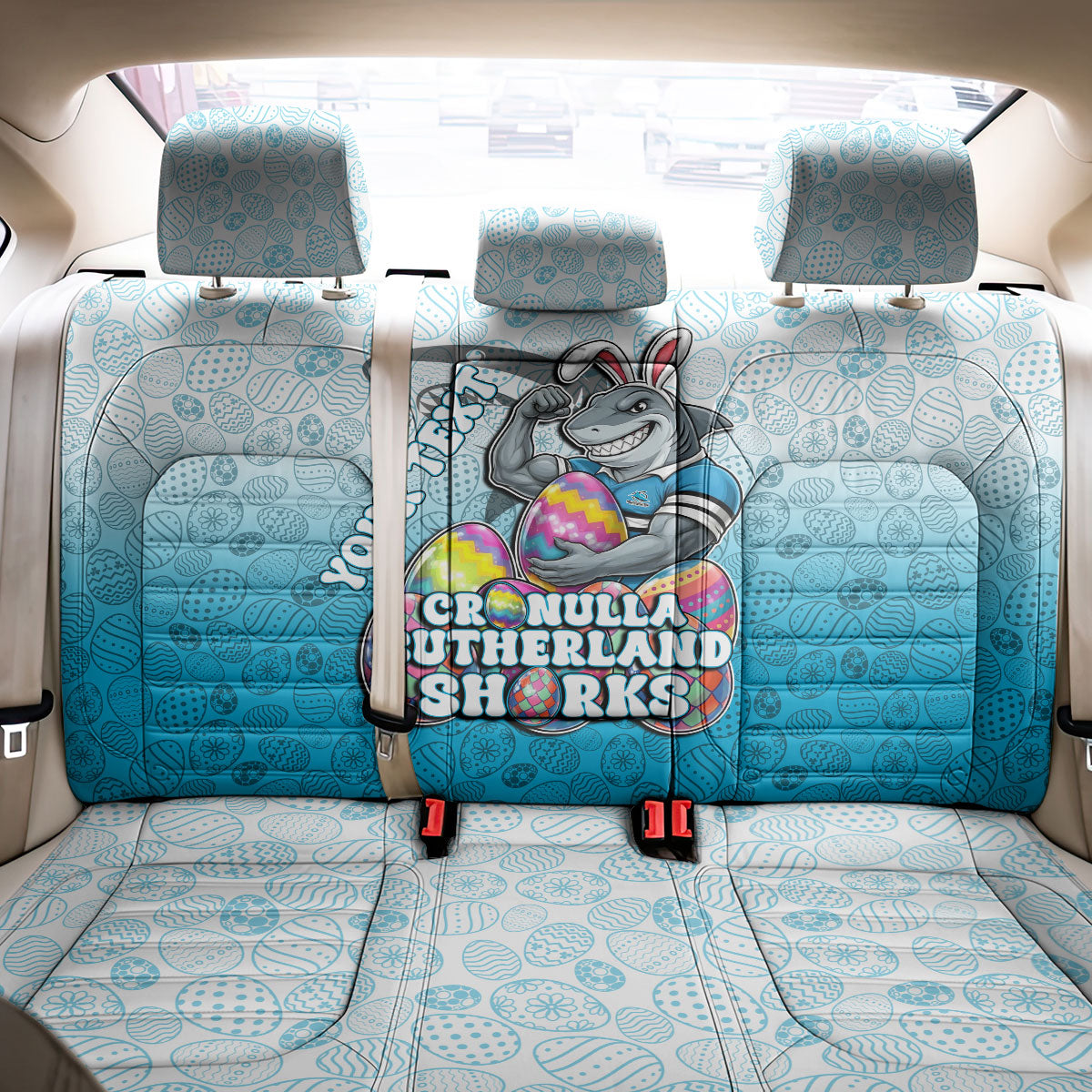 Personalized Cronulla Sutherland Sharks Back Car Seat Cover Easter Mascot - Colorful Eggs Cartoon Style