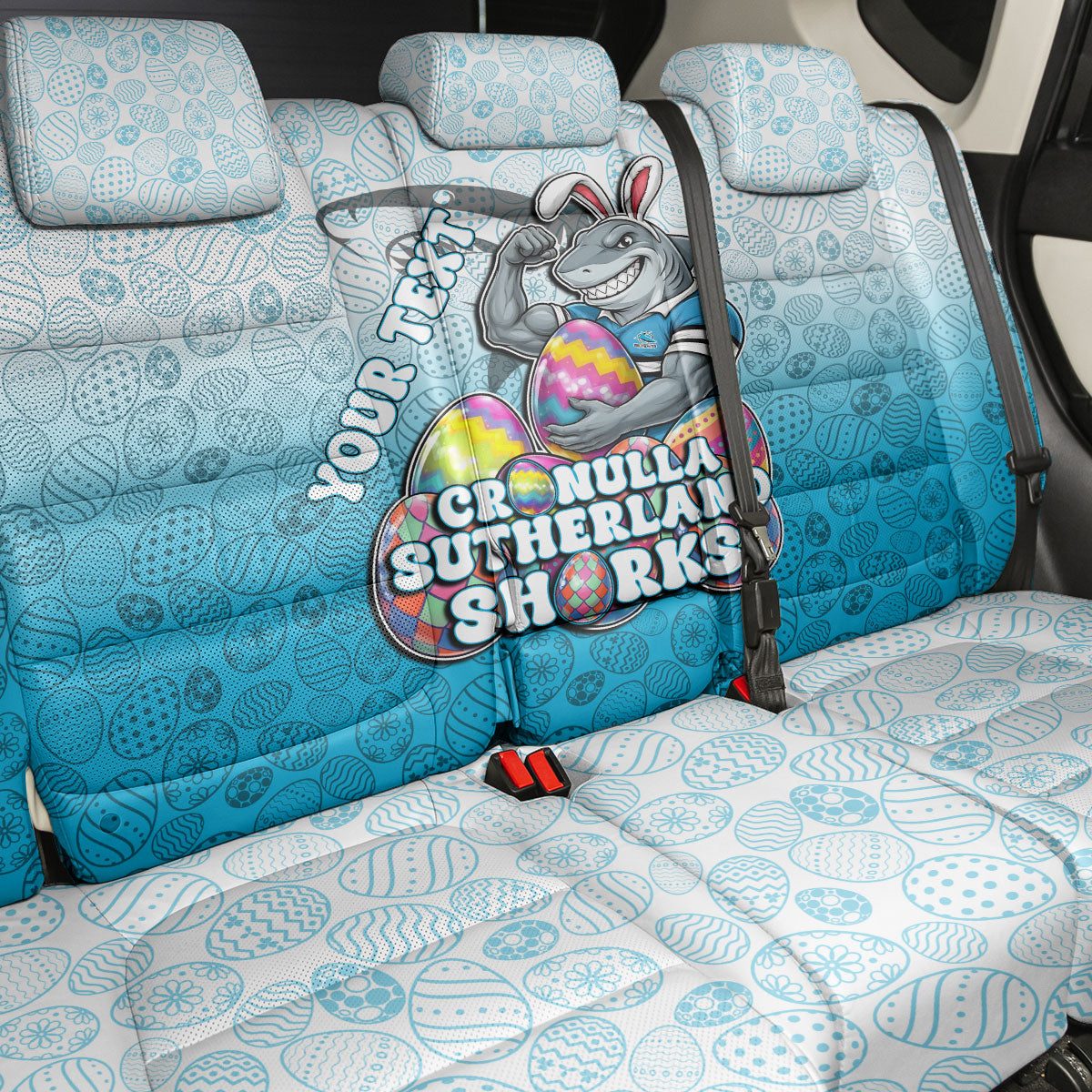 Personalized Cronulla Sutherland Sharks Back Car Seat Cover Easter Mascot - Colorful Eggs Cartoon Style