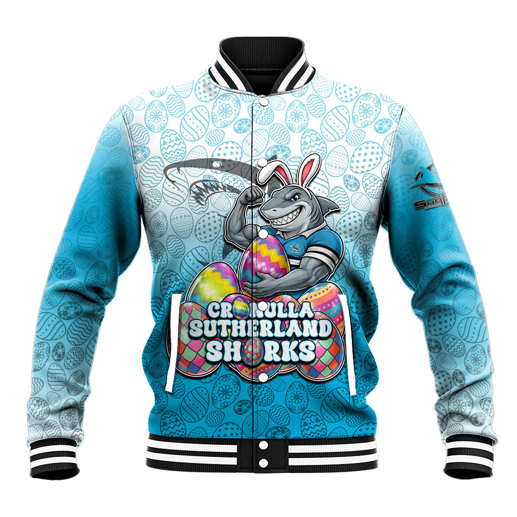 Personalized Cronulla Sutherland Sharks Baseball Jacket Easter Mascot - Colorful Eggs Cartoon Style