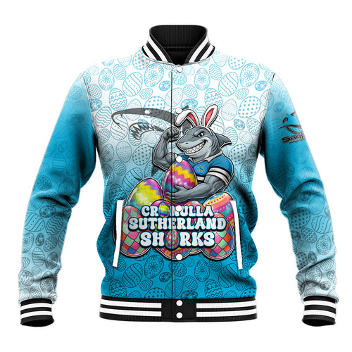Personalized Cronulla Sutherland Sharks Baseball Jacket Easter Mascot - Colorful Eggs Cartoon Style