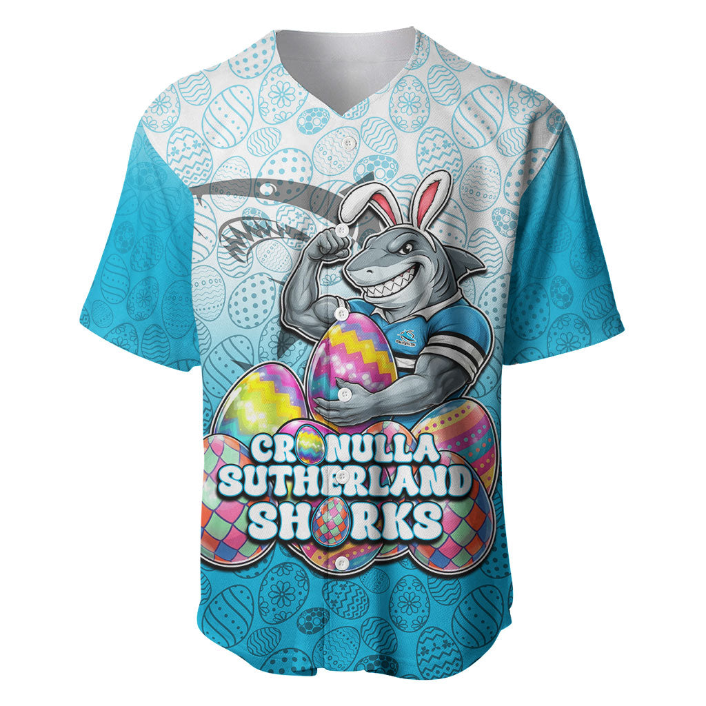 Personalized Cronulla Sutherland Sharks Baseball Jersey Easter Mascot - Colorful Eggs Cartoon Style