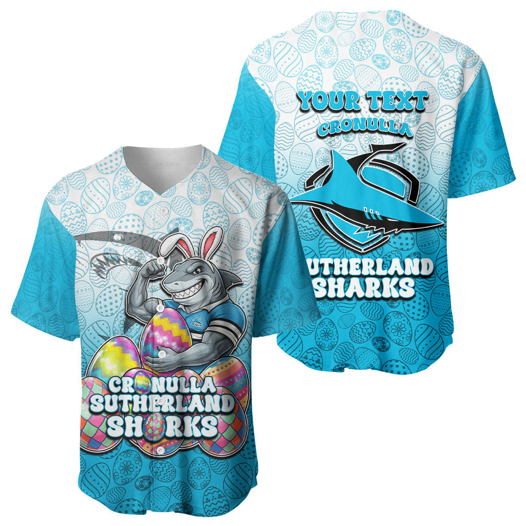Personalized Cronulla Sutherland Sharks Baseball Jersey Easter Mascot - Colorful Eggs Cartoon Style