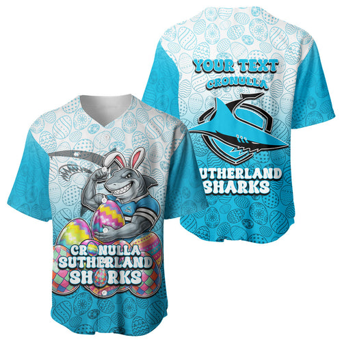 Personalized Cronulla Sutherland Sharks Baseball Jersey Easter Mascot - Colorful Eggs Cartoon Style
