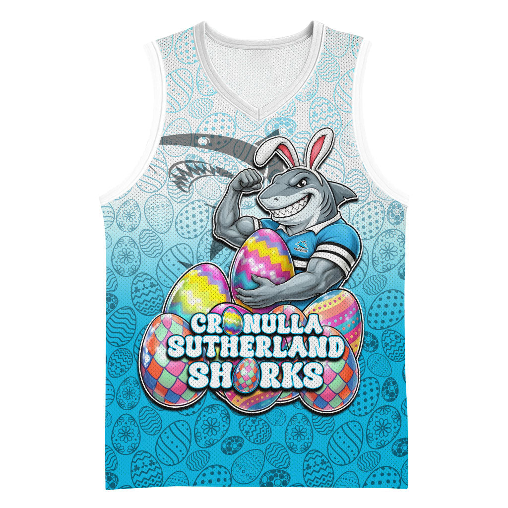 Personalized Cronulla Sutherland Sharks Basketball Jersey Easter Mascot - Colorful Eggs Cartoon Style