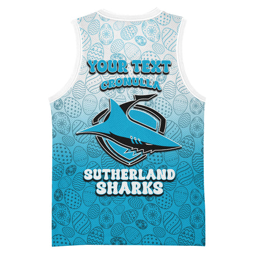 Personalized Cronulla Sutherland Sharks Basketball Jersey Easter Mascot - Colorful Eggs Cartoon Style