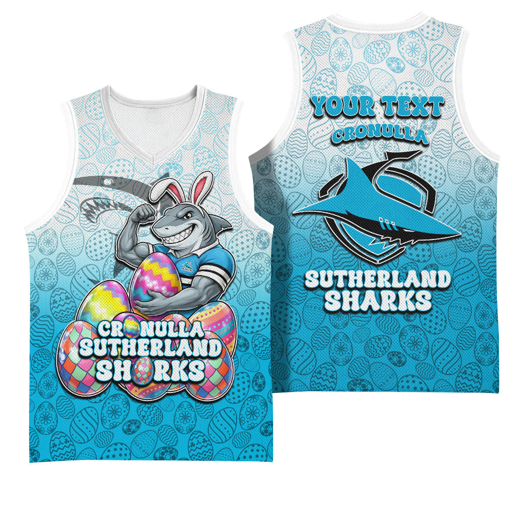 Personalized Cronulla Sutherland Sharks Basketball Jersey Easter Mascot - Colorful Eggs Cartoon Style
