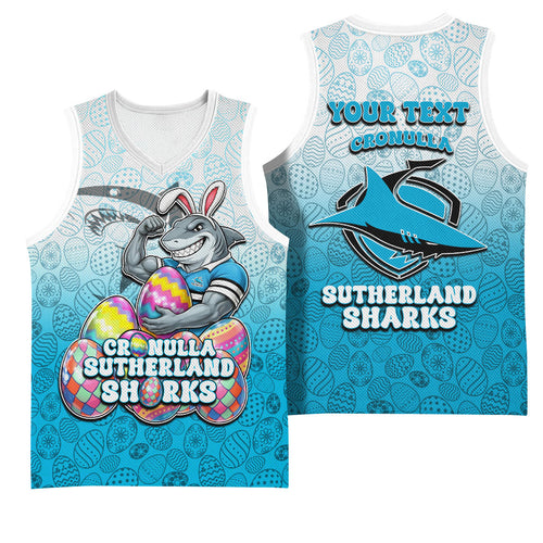 Personalized Cronulla Sutherland Sharks Basketball Jersey Easter Mascot - Colorful Eggs Cartoon Style