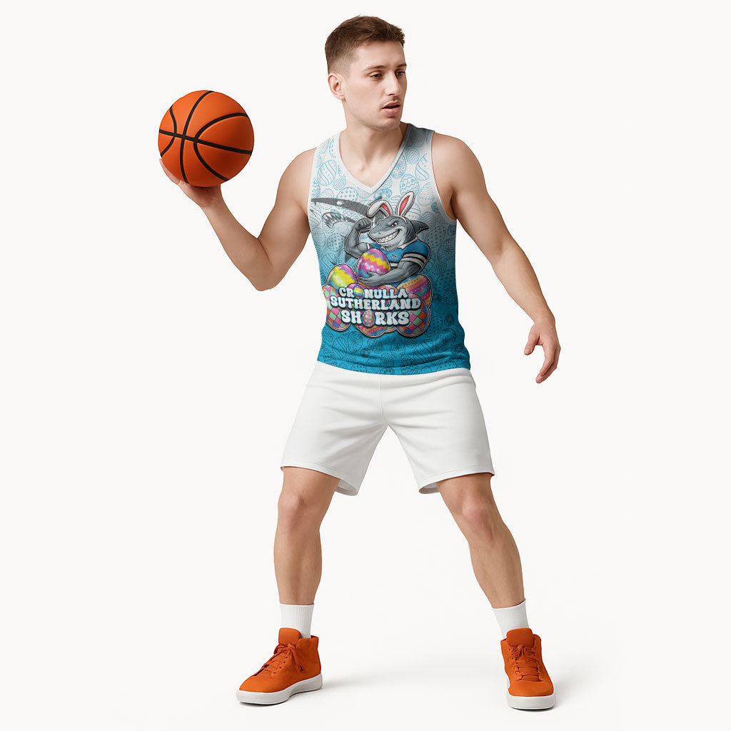 Personalized Cronulla Sutherland Sharks Basketball Jersey Easter Mascot - Colorful Eggs Cartoon Style