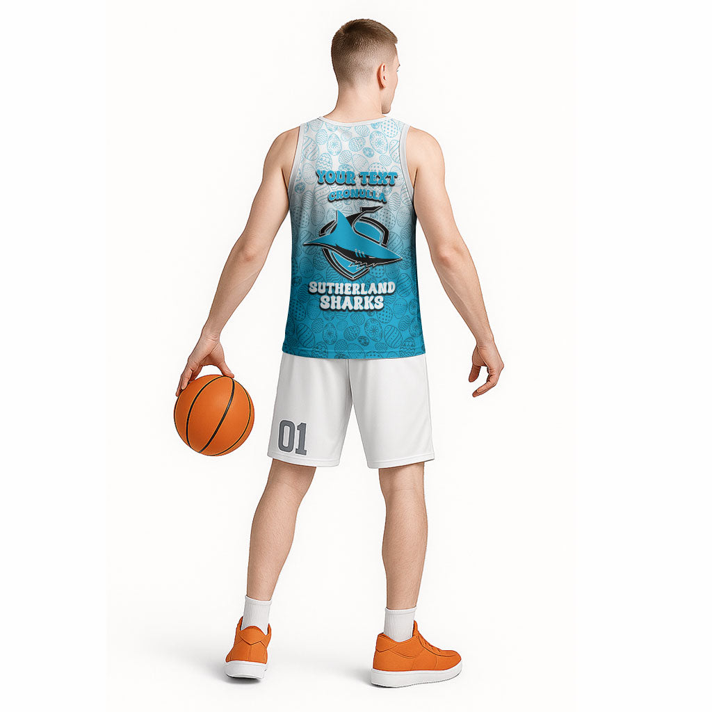 Personalized Cronulla Sutherland Sharks Basketball Jersey Easter Mascot - Colorful Eggs Cartoon Style