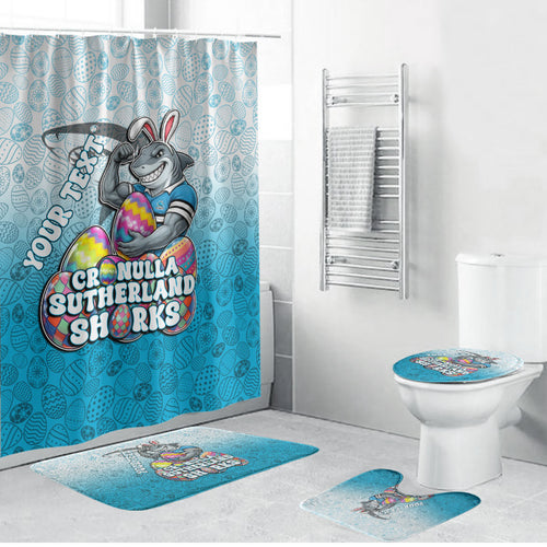 Personalized Cronulla Sutherland Sharks Bathroom Set Easter Mascot - Colorful Eggs Cartoon Style