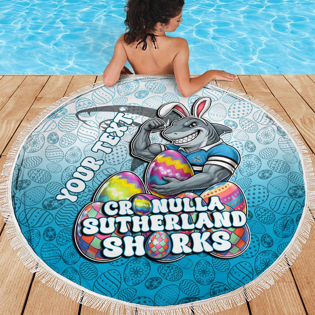 Personalized Cronulla Sutherland Sharks Beach Blanket Easter Mascot - Colorful Eggs Cartoon Style