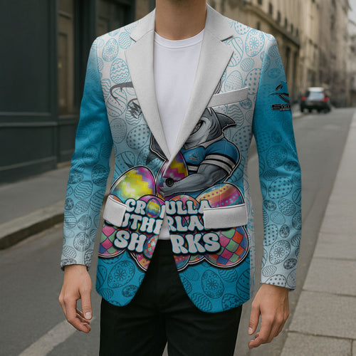 Personalized Cronulla Sutherland Sharks Blazer Easter Mascot - Colorful Eggs Cartoon Style