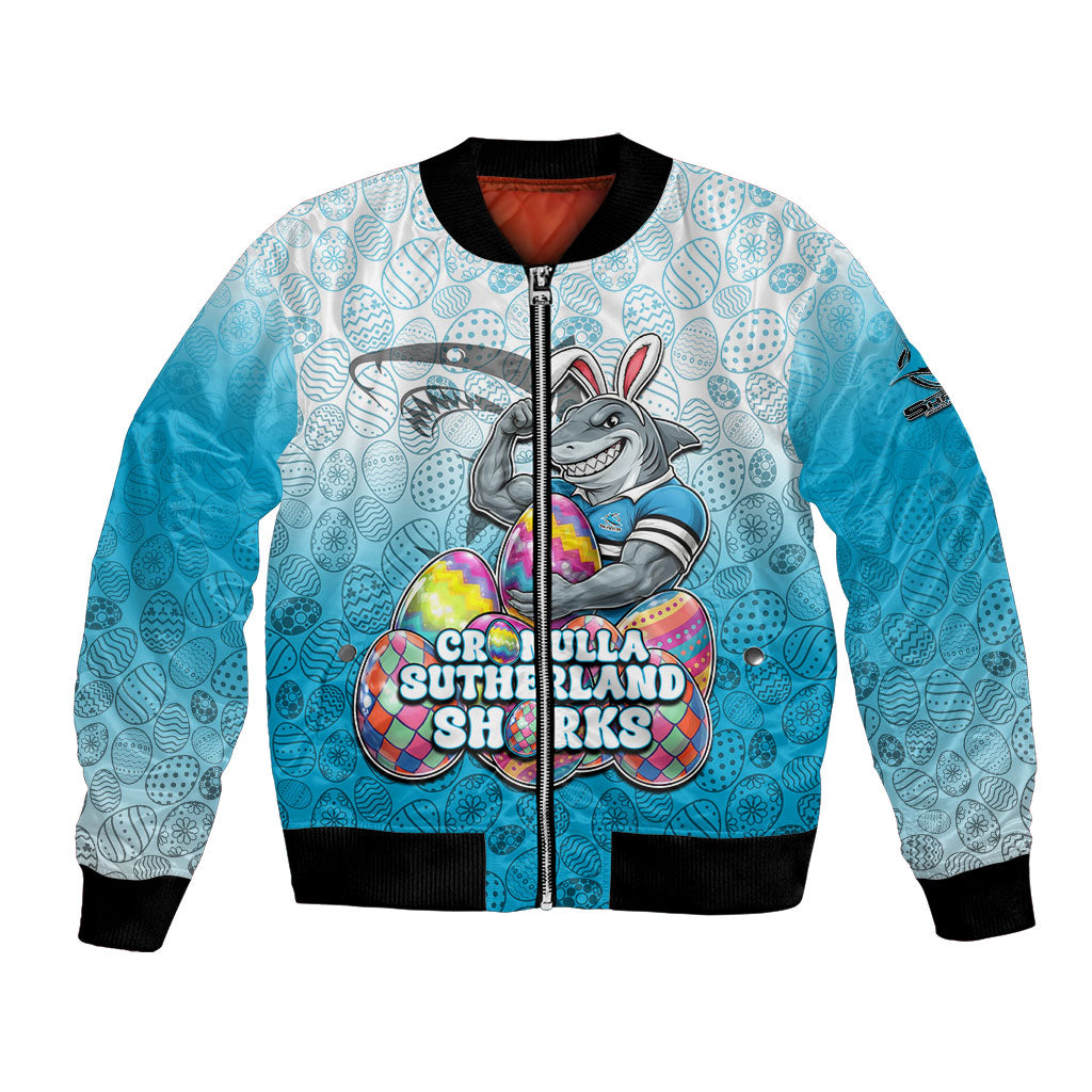 Personalized Cronulla Sutherland Sharks Bomber Jacket Easter Mascot - Colorful Eggs Cartoon Style