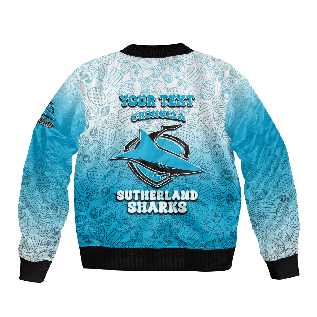 Personalized Cronulla Sutherland Sharks Bomber Jacket Easter Mascot - Colorful Eggs Cartoon Style