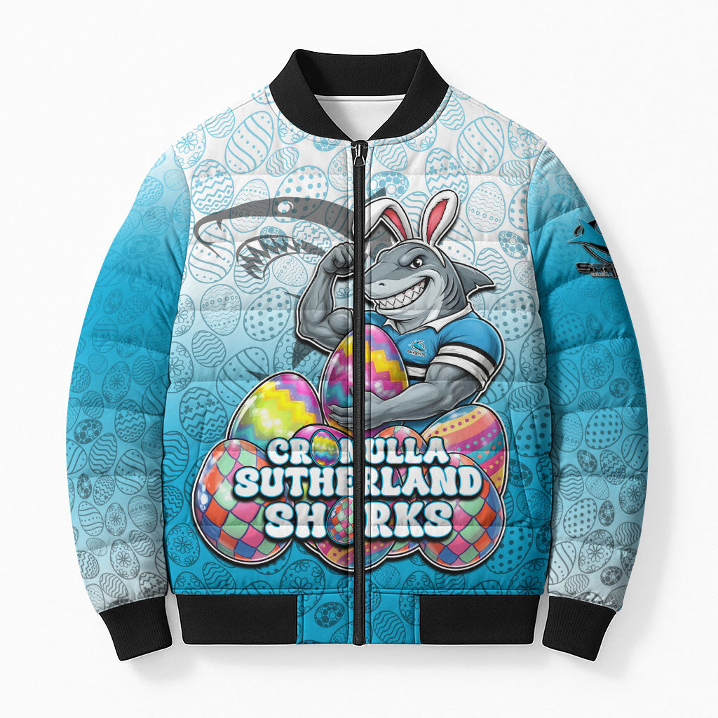 Personalized Cronulla Sutherland Sharks Bomber Puffer Jacket Easter Mascot - Colorful Eggs Cartoon Style