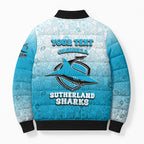 Personalized Cronulla Sutherland Sharks Bomber Puffer Jacket Easter Mascot - Colorful Eggs Cartoon Style