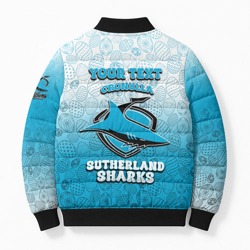 Personalized Cronulla Sutherland Sharks Bomber Puffer Jacket Easter Mascot - Colorful Eggs Cartoon Style