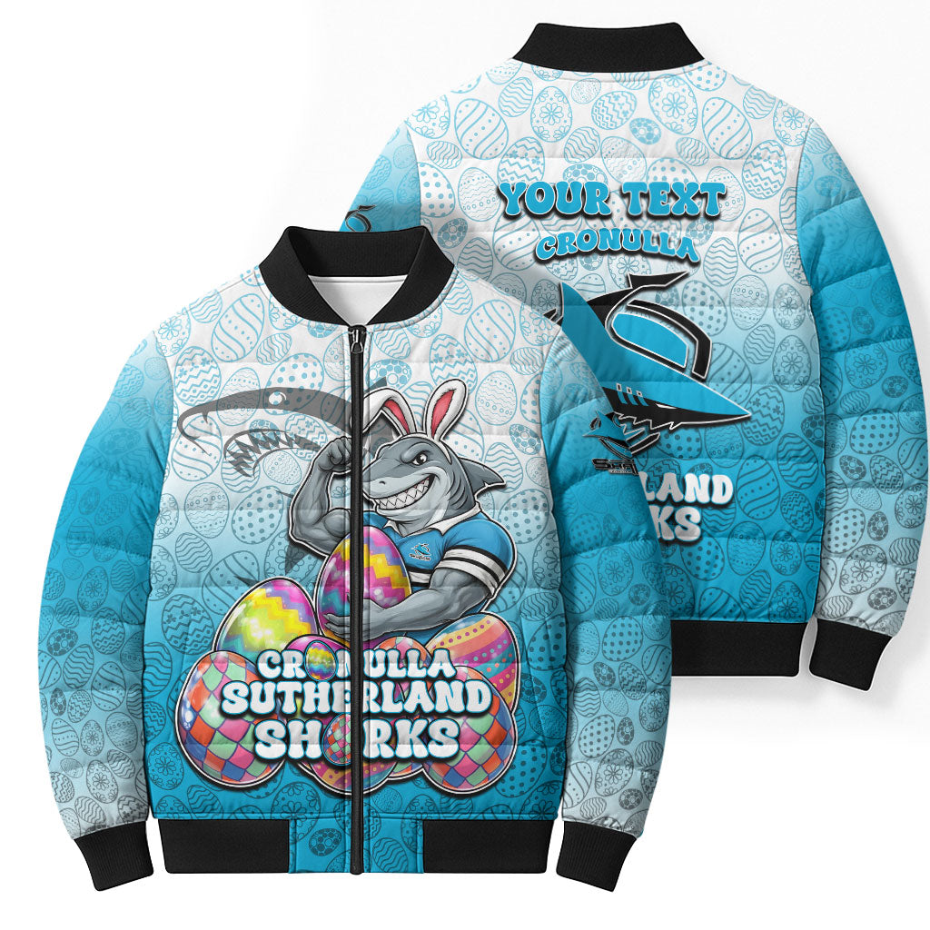 Personalized Cronulla Sutherland Sharks Bomber Puffer Jacket Easter Mascot - Colorful Eggs Cartoon Style
