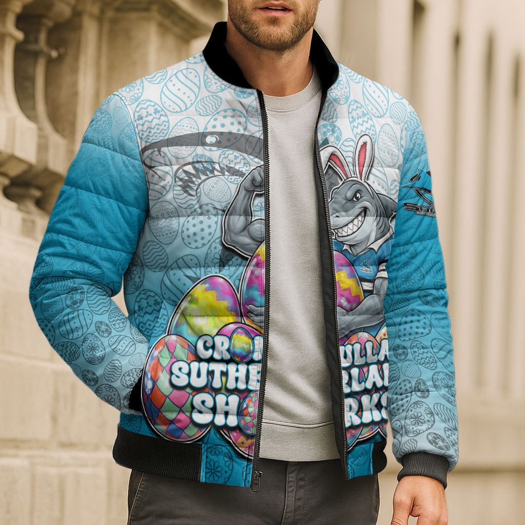 Personalized Cronulla Sutherland Sharks Bomber Puffer Jacket Easter Mascot - Colorful Eggs Cartoon Style